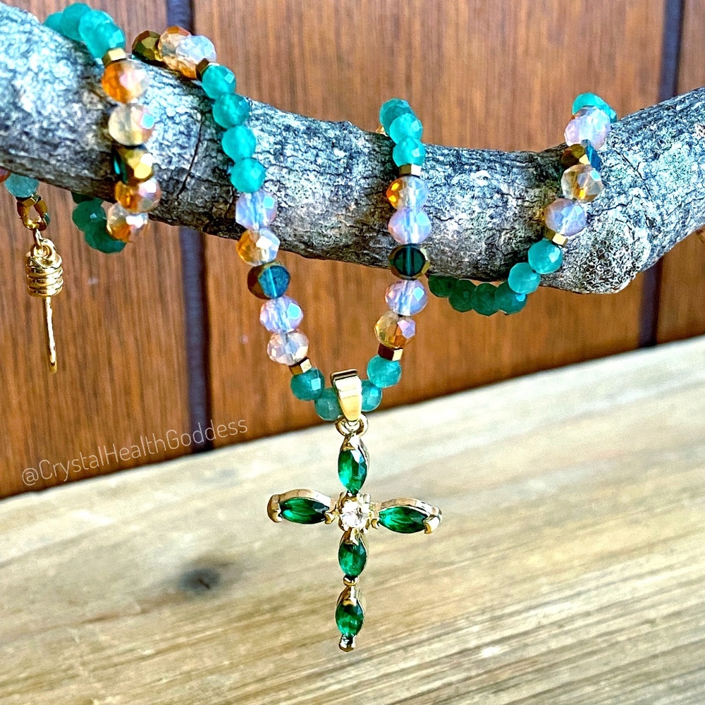 Aventurine with Austrian Crystals Christian Cross Necklace